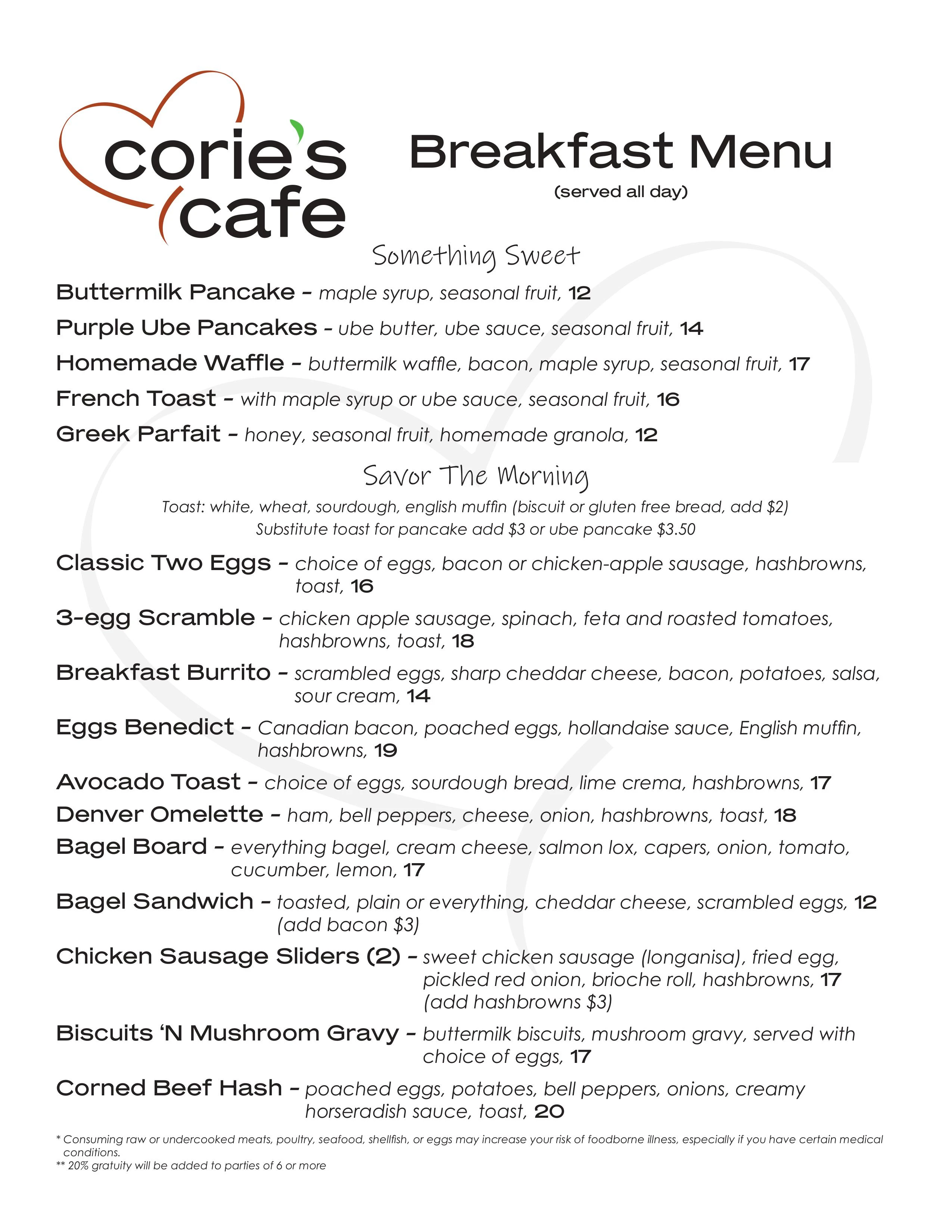 Corie's Cafe breakfast menu