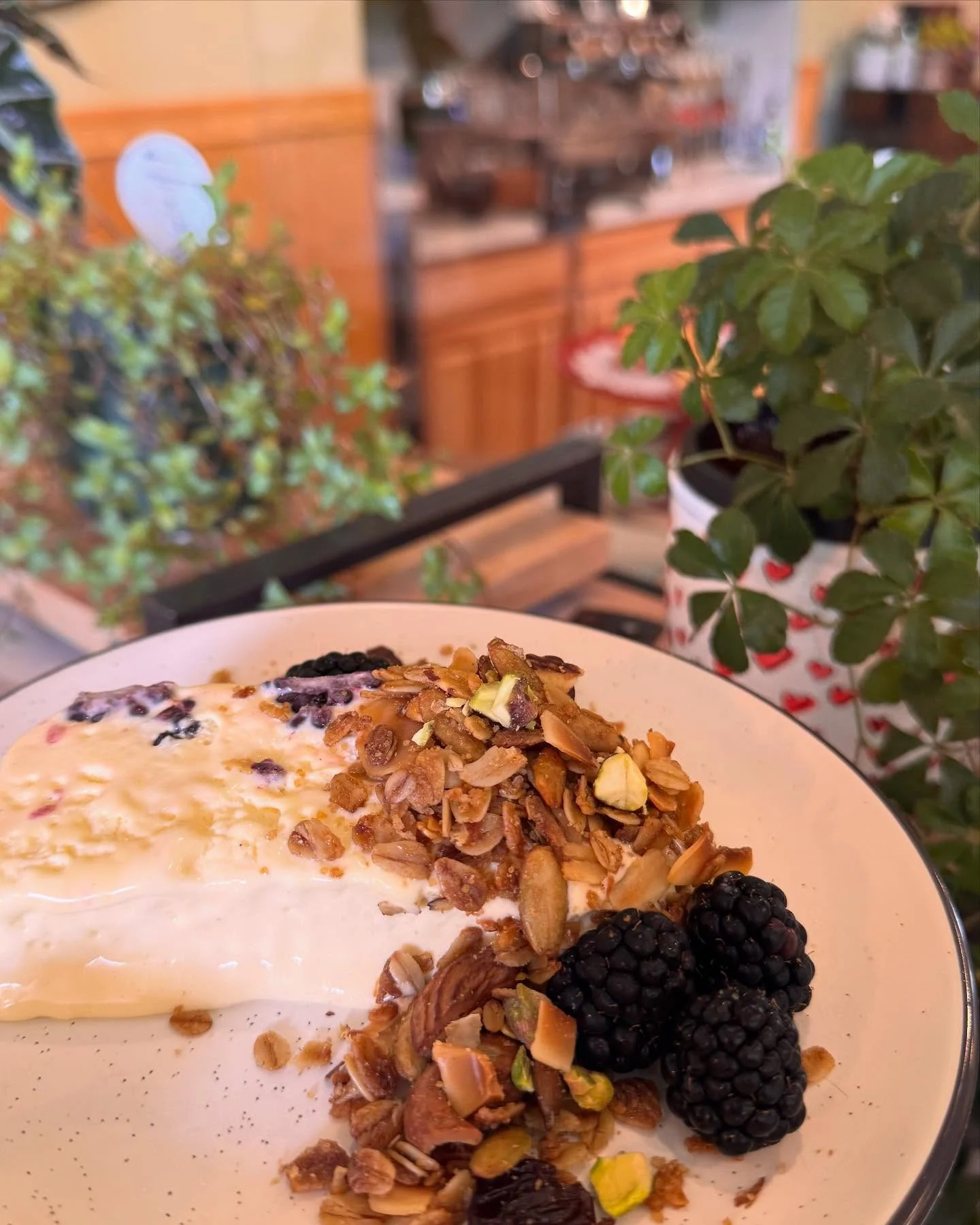 Greek yogurt parfait topped with granola, nuts, and fresh blackberries on a breakfast table